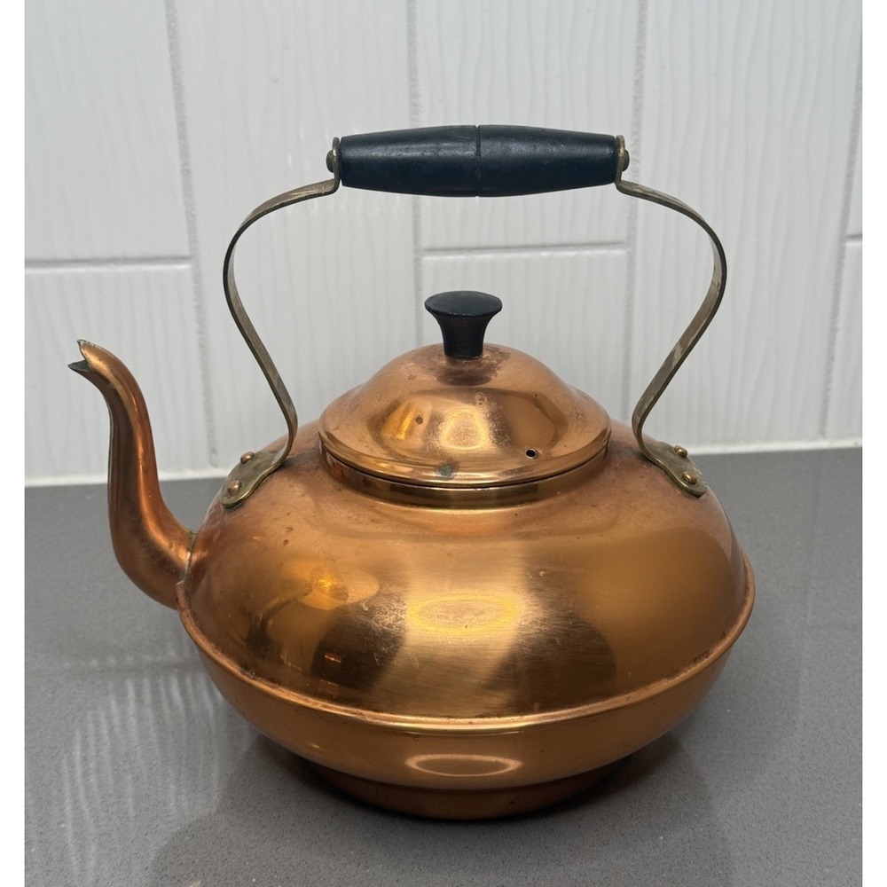 VTG Tagus Portugal Copper Tea Kettle Brass & Wood Handle Tin Lined Cottagecore